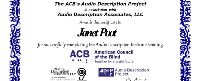 Janet's audio description certificate.