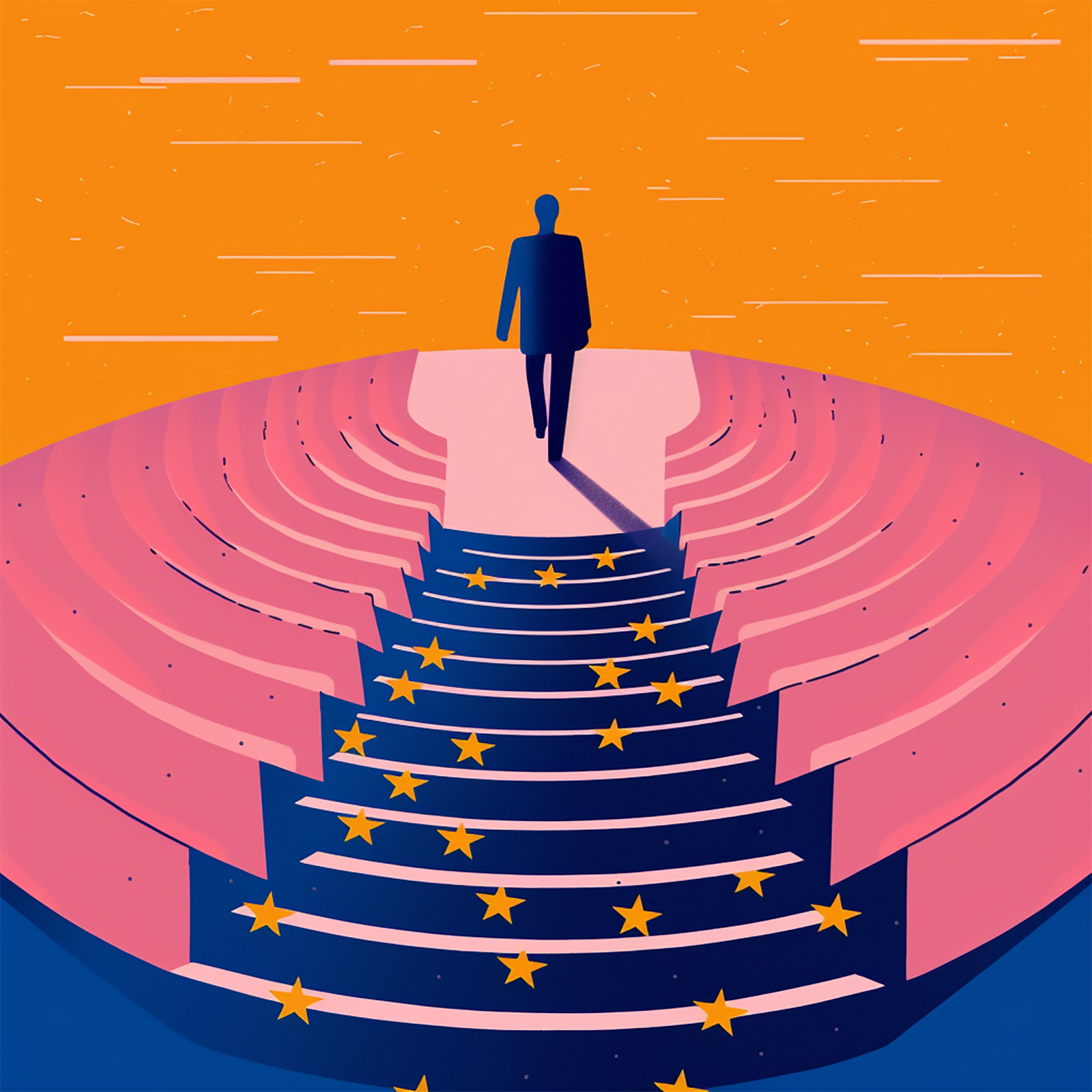 Man at the top of a colourful staircase