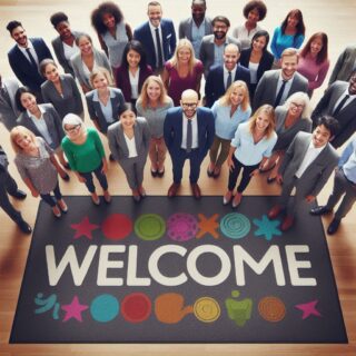 Diverse group of employees standing behind a Welcome mat