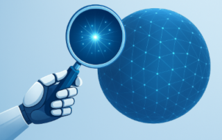 Robotic hand holding a magnifying glass