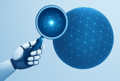 Robotic hand holding a magnifying glass