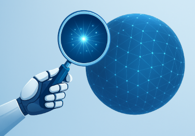 Robotic hand holding a magnifying glass